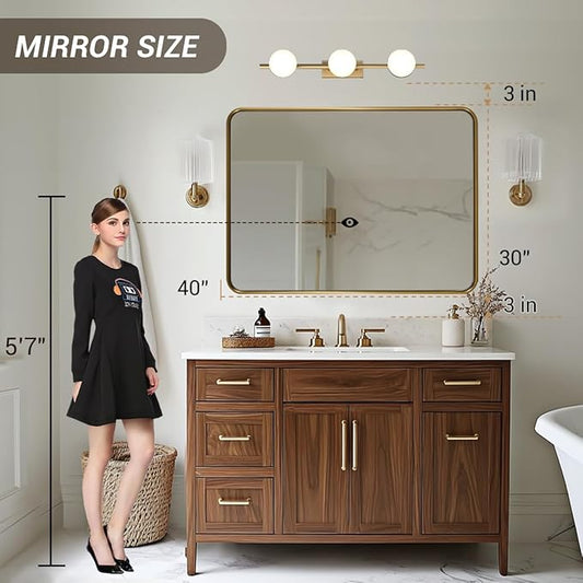 ANDY STAR Bathroom Mirror for Wall, 30x40 Inch Gold Rectangle Mirror for Bathroom with Rounded Corner, Modern Brushed Brass Vanity Rectangular Mirrors with Tube Metal Frame, Wall Mounted