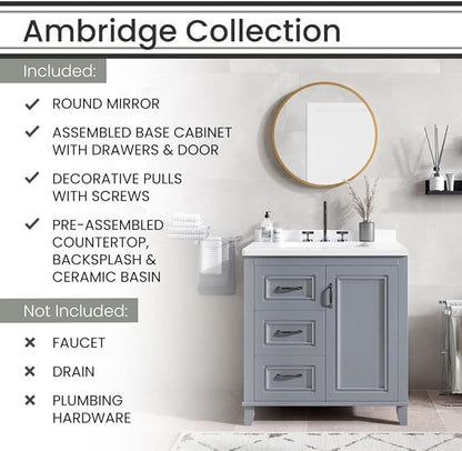 Hanover Ambridge 31'' Vanity Cabinet with Sink Combo for Bathroom, Powder Room | Pre-Assembled Cabinet | 1 Door, 3 Drawers | Artificial Stone Countertop, Gray Cabinet | HANVN0104-31-0GR