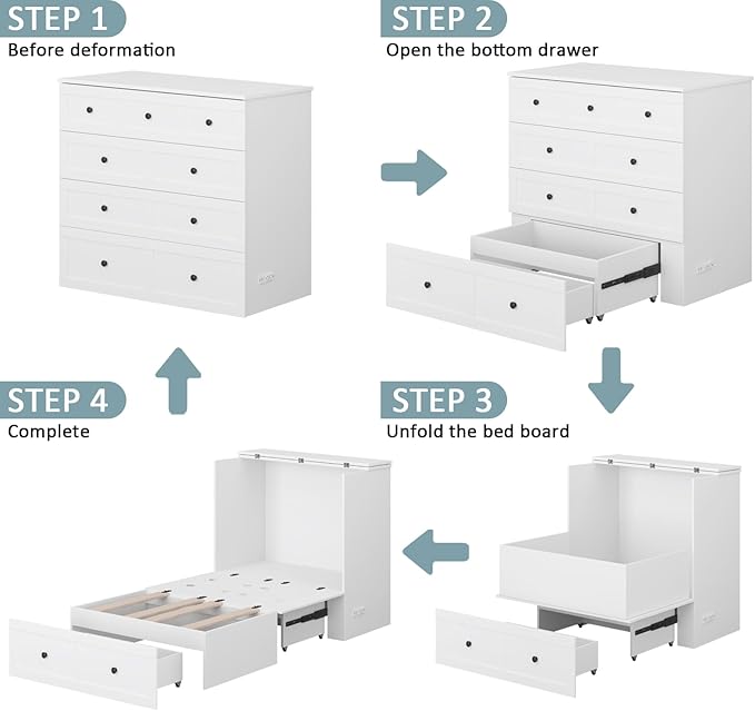 Twin Murphy Bed with Built-in Charging Station, Space-Saving Murphy Bed Chest Twin with Drawer, Foldable, for Home Office Guest Room Bedroom White