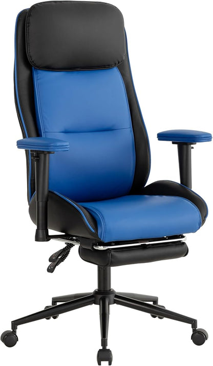 Ergonomic Home Office Chair with Footrest,Modern Faux Leather Reclining Chair,High Back Video Game Executive Computer Chairs with Adjustable Armrest & Lumbar Support,360°Swivel (Blue)