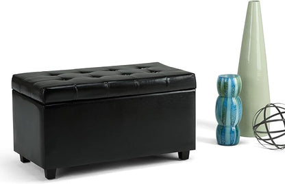 SIMPLIHOME Cosmopolitan 34 inch Wide Transitional Rectangle Storage Ottoman in Midnight Black Vegan Faux Leather, Assembled, For the Living Room, Entryway and Family Room