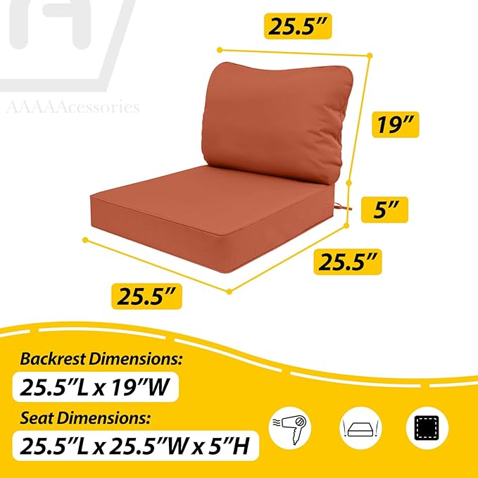 AAAAAcessories Outdoor Deep Seat Cushions, Waterproof, Fade-Resistant Patio Furniture Replacement Cushions, 25.5" x 25.5" x 5" + 25.5" x 19", Rust
