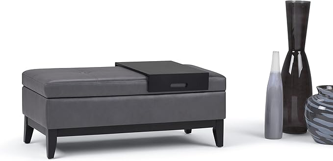 SIMPLIHOME Oregon 42 inch Wide Contemporary Rectangle Storage Ottoman Bench with Tray in Stone Grey Vegan Faux Leather, Assembled, For the Living Room, Entryway and Family Room