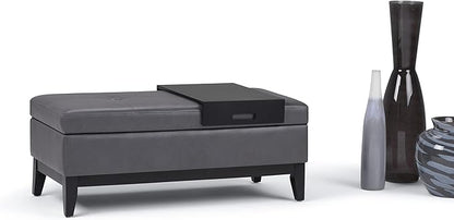 SIMPLIHOME Oregon 42 inch Wide Contemporary Rectangle Storage Ottoman Bench with Tray in Stone Grey Vegan Faux Leather, Assembled, For the Living Room, Entryway and Family Room