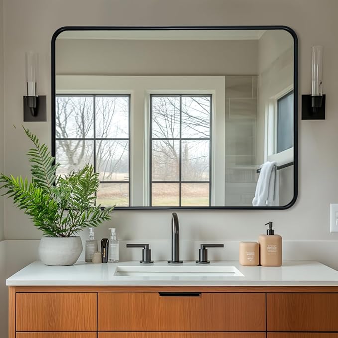 ANDY STAR Black Bathroom Mirror, 30x40 Inch Rounded Rectangle Mirror for Bathroom, Modern Tube Matte Black Framed Rectangular Mirrors for Vanity, Explosion-Proof Film, Wall Mount Horizontal/Vertical