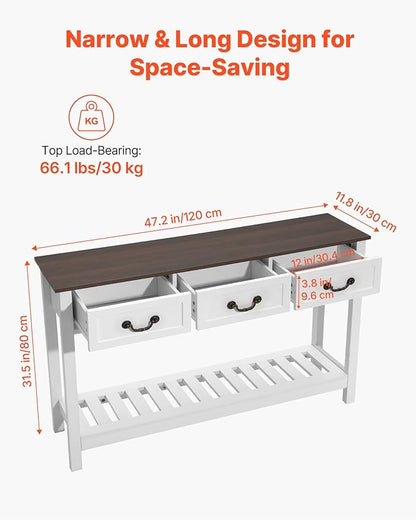 VEVOR 47 in Console Table, Farmhouse Desk Behind The Couch with Drawers and Bottom Storage Shelf, Wooden Rectangle Entrance Narrow Sofa Table for Hallway, Bedroom, Living Room, Foyer, Brown + White