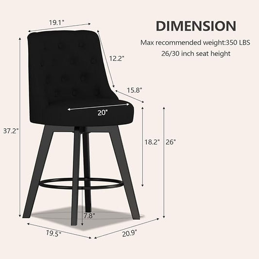MINCETA Set of 2 Upholstered Bar Stools - 26 Inch Swivel Counter Height Stools with Low Tufted Back, Footrest & Performance Fabric - Round Seat for Kitchen Island & Home Bar Black
