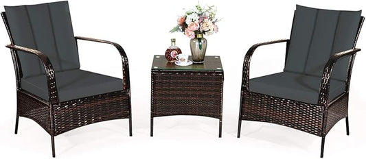 COSTWAY 3 Pieces Patio Rattan Furniture Set, Outdoor Conversation Chair Set with Coffee Table & 2 Cushions for Backyard, Porch, Poolside, Lawn, Garden, Grey