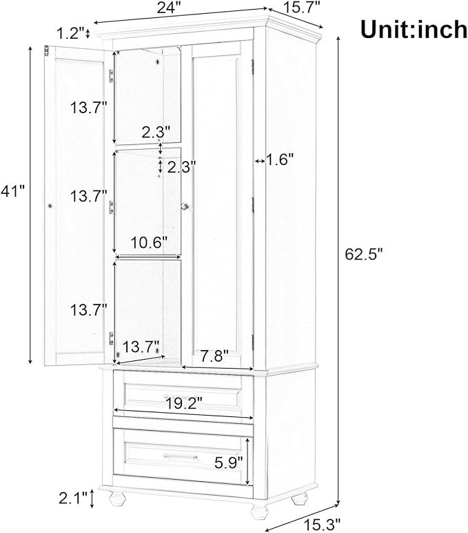 Polibi Tall Storage Cabinet with 2 Drawers, 3-Tier Adjustable Shelves & 2 Doors, Floor Freestanding Cabinet for Bathroom, Living Room, Black