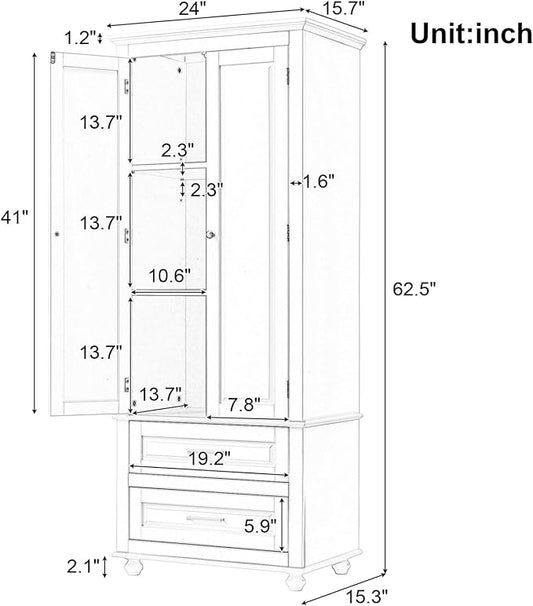 Polibi Tall Storage Cabinet with 2 Drawers, 3-Tier Adjustable Shelves & 2 Doors, Floor Freestanding Cabinet for Bathroom, Living Room, Black