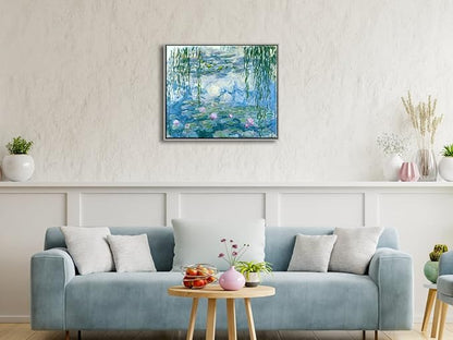Wieco Art Framed Wall Art Water Lilies by Claude Monet Canvas Print Paintings Reproduction Modern Canvas Wall Art for Home and Office Decoration Abstract Artwork Silver Frame