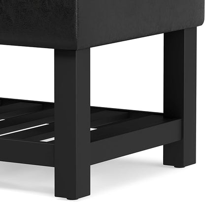 SIMPLIHOME Cosmopolitan 44 inch Wide Transitional Rectangle Storage Ottoman Bench with Open Bottom in Distressed Black Vegan Faux Leather, Assembled for the Living Room and Bedroom