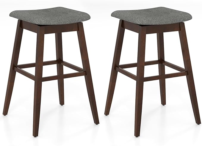 COSTWAY Swivel Bar Stools Set of 2, 30-inch Height Backless Upholstered Chairs with Padded Contoured Seat, Rubber Wood Legs, Footrest, Linen Fabric Barstools for Kitchen Counter Island, Grey+Brown