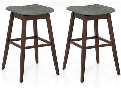 COSTWAY Swivel Bar Stools Set of 2, 30-inch Height Backless Upholstered Chairs with Padded Contoured Seat, Rubber Wood Legs, Footrest, Linen Fabric Barstools for Kitchen Counter Island, Grey+Brown