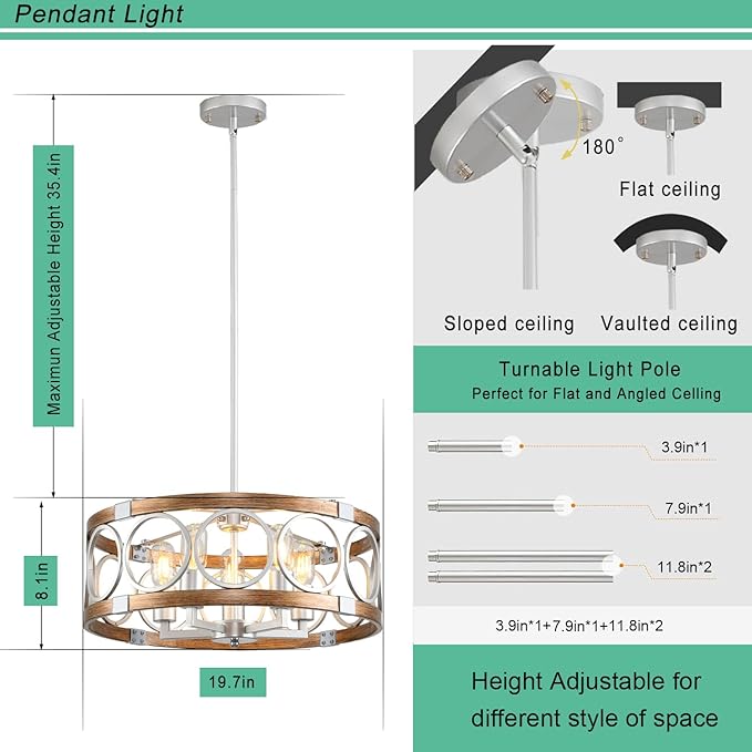 Flush Mount Ceiling Light Fixture Ceiling Mount,5 Light 19.7" Silver Drum Chandelier Rustic Farmhouse Chandelier Modern Pendant Light Fixtures for Kitchen Lighting Fixture