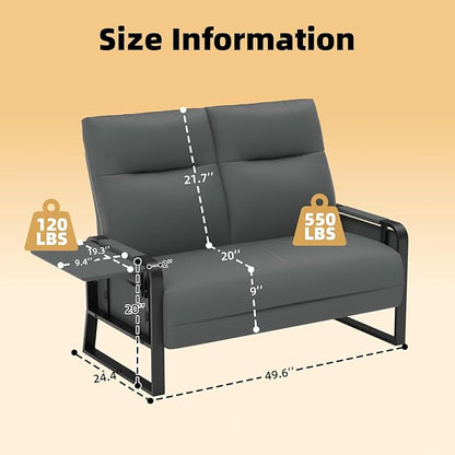 Faux Leather Loveseat Couch for Living Room Bedroom Office, Small Sofa 2 Seater Couch with Flip Up Tray Table Side Pockets Leather Loveseats, Gray
