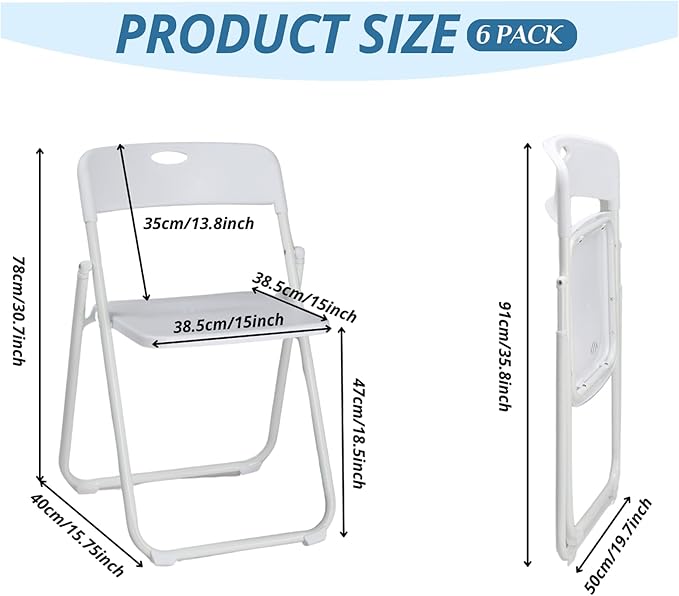 Karl home 6 Pcs Folding Chair, 300LBS Lightweight Foldable Plastic Chair, Reinforced Metal Frame Easy to Fold & Store for Indoor & Outdoor, Wedding, Party, Meeting Room, Patio and Garden, White