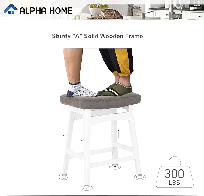 ALPHA HOME Bar Stools Set of 4, Solid Wood Saddle Kitchen Stools with Grey PU Leather Cushion Counter Height Barstools with Wooden Base for Kitchen Dining Cafe, 24 Inch, Grey, 4PCS