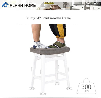 ALPHA HOME Bar Stools Set of 4, Solid Wood Saddle Kitchen Stools with Grey PU Leather Cushion Counter Height Barstools with Wooden Base for Kitchen Dining Cafe, 24 Inch, Grey, 4PCS
