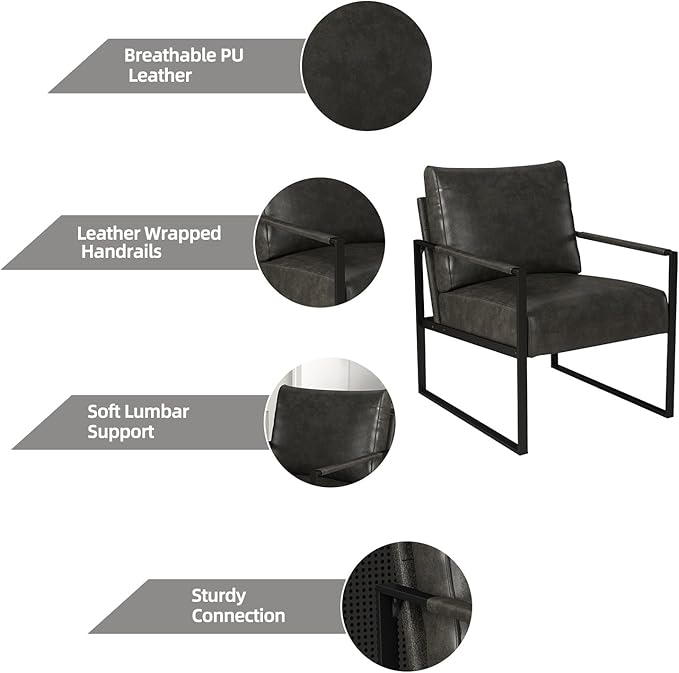 INZOY Leather Accent Chair with Metal Frame, Comfy Living Room Chair with Plump Backrest and Cushion, Mid Century Modern Chair with Sturdy Structure, Easy to Clean, Dark Grey