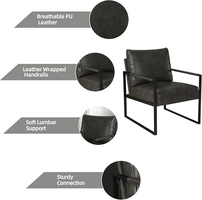 INZOY Leather Accent Chair with Metal Frame, Comfy Living Room Chair with Plump Backrest and Cushion, Mid Century Modern Chair with Sturdy Structure, Easy to Clean, Dark Grey