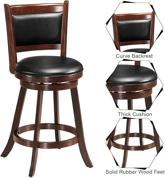 COSTWAY Bar Stools Set of 2, 360 Degree Swivel, Accent Wooden Swivel Seat Counter Height Bar Stool, Leather Upholstered Design, PVC Cushioned Seat, Perfect for Dining and Living Room (Height 24")