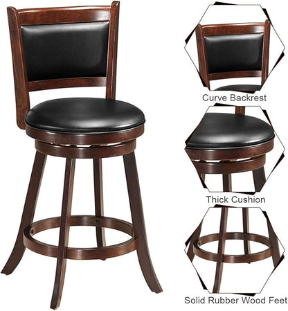 COSTWAY Bar Stools Set of 2, 360 Degree Swivel, Accent Wooden Swivel Seat Counter Height Bar Stool, Leather Upholstered Design, PVC Cushioned Seat, Perfect for Dining and Living Room (Height 24")