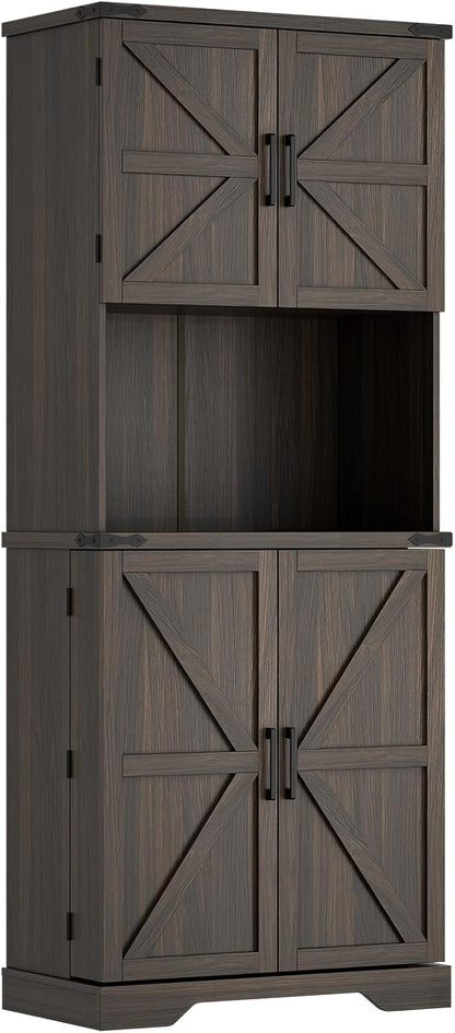 Cozy Castle 74" Farmhouse Pantry Cabinet with Charging Station, Tall Kitchen Storage Hutch Cabinet Coffee Bar Workstation, Sideboard Buffet Cupboard for Dining Room Living Room Furniture, Dark Brown