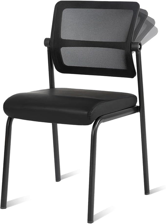 CLATINA Stackable Waiting Room Chair with Adjustable Mesh Backrest, Armless Office Guest Reception Chairs with Ergonomic Lumbar Support and Leather Cushion for Conference Lobby Side School, Black
