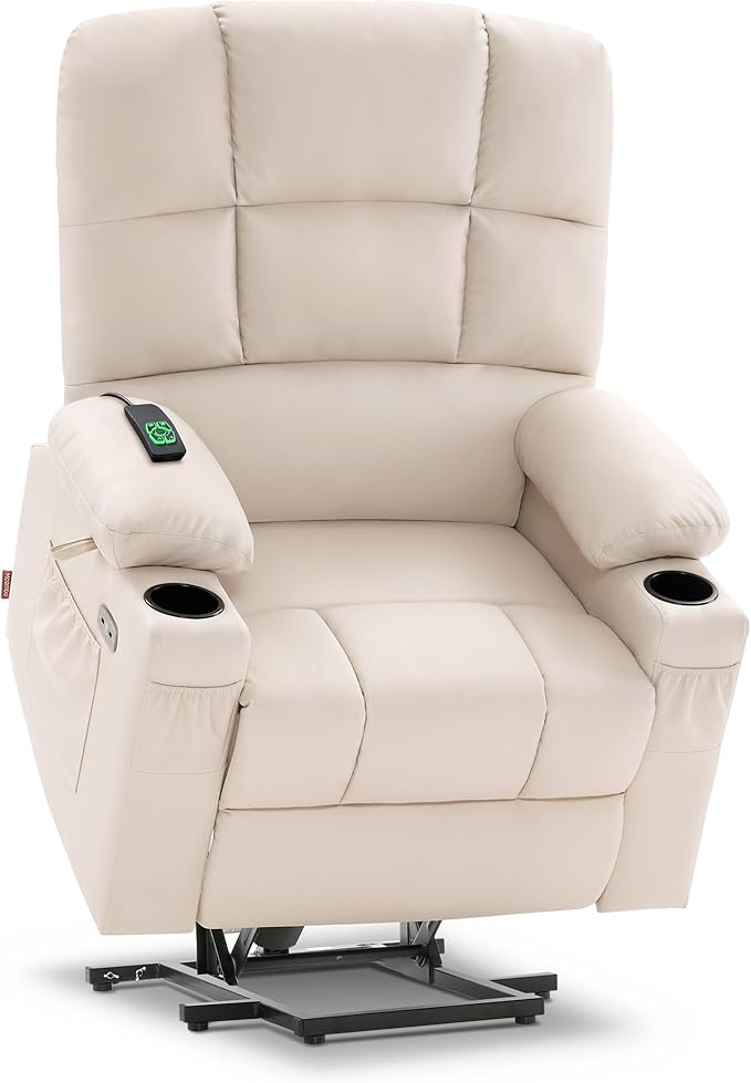 MCombo Medium Lay Flat Dual Motor Power Lift Recliner Chair Sofa with Massage and Heat for Elderly People, Infinite Position, Faux Leather 7679 (Cream White, Medium)