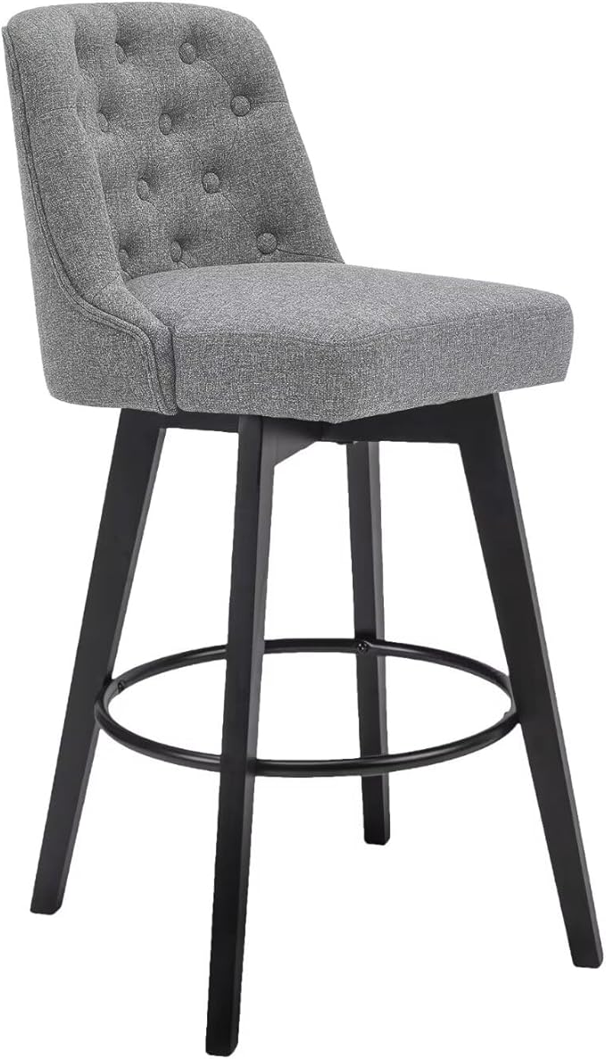 MINCETA Bar Stool, 30 Inch Upholstered Barstool with Low Tufted Back and Footrest, Swivel Counter Height Barstool for Kitchen Island Home Bar Performance Fabric Gray