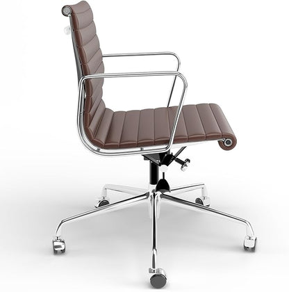 Ribbed Office Chair Top Grain Leather Desk Chair Mid Back Genuine Leather Swivel Chairs with Aluminum Alloy Arms & Base, with Silent Wheels, High Adjustable and Tilting Function,Brown