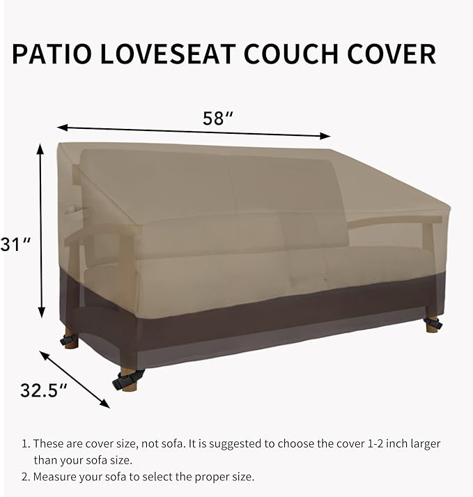 Easy-Going Waterproof Outdoor Loveseat Protect, Heavy Duty 2-Seater Patio Couch Windproof Furniture Cover with Air Vent (58Wx32.5Dx31H inch, Camel/Dark Brown)