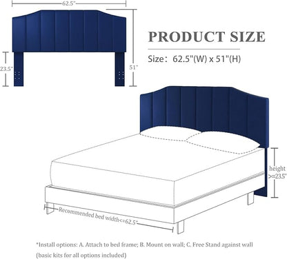 Velvet Queen Size Headboard, Upholstered Headboard Queen/Full Size Wall Mount and Bed Frame Mount, Featuring High-Density Sponge Padding Luxury Texture Easy Assembly Comfort Style-Navy Blue