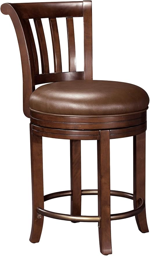 Howard Miller Ithaca Pub Chair – Traditional Swivel Bar Stool Distressed Wood & Leather Upholstery Antique Brass Footrest Non Return Swivel Comfortable Counter Height for Kitchen & Home Bar Stool