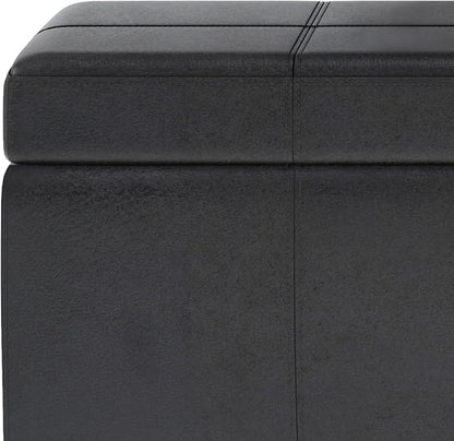 SIMPLIHOME Kingsley 48 inch Wide Transitional Rectangle Large Storage Ottoman in Distressed Black Vegan Faux Leather, Assembled for the Living Room, Entryway and Family Room
