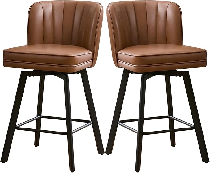 Swivel Counter Height Bar Stools Set of 2, 26'' Modern Barstools with Backs and Metal Legs, Upholstered Bar Chairs, Faux Leather Dark Brown Stools for Kitchen Island Chairs