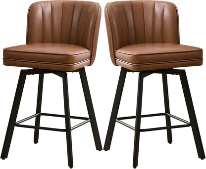 Swivel Counter Height Bar Stools Set of 2, 26'' Modern Barstools with Backs and Metal Legs, Upholstered Bar Chairs, Faux Leather Dark Brown Stools for Kitchen Island Chairs