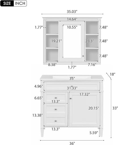 36" Bathroom Vanity with Matching Medicine Cabinet, Modern Sink Storage Cabinet with Drawers, Soft Closing Doors and Shelf, Bathroom Vanities with Sink & Mirror