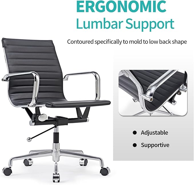 Deluxe Black Office Chair, Mid Back Computer Chair, Vegan Leather Desk Chair, Ergonomic Office Chair for Extra Back & Lumbar Support -Black