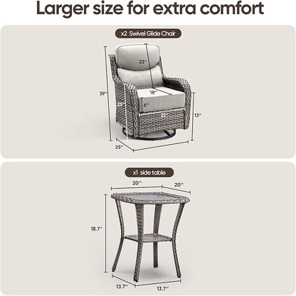 Swivel Patio Chairs Set of 3 with 6" Thick Cushion - Wicker Outdoor Swivel Rocker Patio Chairs with Side Table, High Back Comfortable Outdoor Glider Chair - Grey Wicker | Beige Cushions