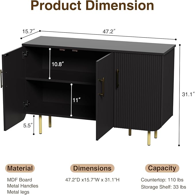 Set of 2 Fluted Black Storage Cabinets, Modern 3-Door Sideboard Buffet Cabinet with Adjustable Shelves and Metal Legs, Accent Cabinet for Kitchen, Living Room, Entryway (Black & Gold)