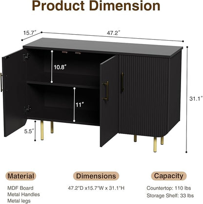 Set of 2 Fluted Black Storage Cabinets, Modern 3-Door Sideboard Buffet Cabinet with Adjustable Shelves and Metal Legs, Accent Cabinet for Kitchen, Living Room, Entryway (Black & Gold)