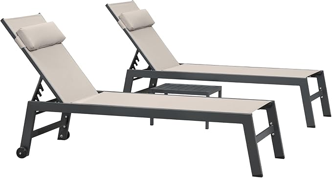 PURPLE LEAF Outdoor Lounge Chair Set of 3 Patio Chaise Pool Lounger Aluminum Frame with Side Table and Wheels for Outside Sunbathing Tanning Recliner Including Pillows Beige