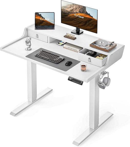 ErGear Electric Standing Desk with Drawers, 40″ x 24″ Small Gaming Table Compatible Monitor Stand, Stand up Desks, Home Office Height-Adjustable Desk with Storage Shelf, 4 Preset Heights, White