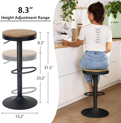 Kidol & Shellder Black Bar Stools Set of 2 Adjustable Swivel Backless Barstools Modern Round Wooden Seat Counter Height Bar Chairs Armless for Kitchen Island, Cafe, Dining Room