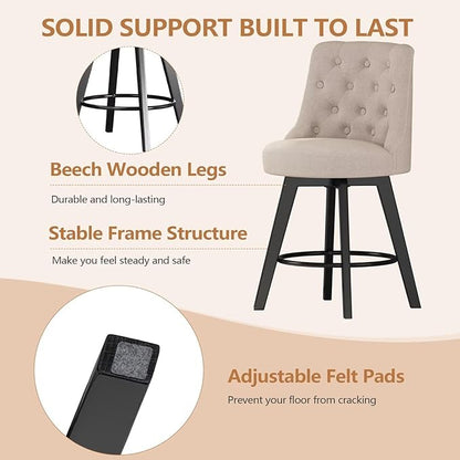 MINCETA Set of 2 Upholstered Bar Stools - 26 Inch Swivel Counter Height Stools with Low Tufted Back, Footrest & Performance Fabric - Round Seat for Kitchen Island & Home Bar Beige