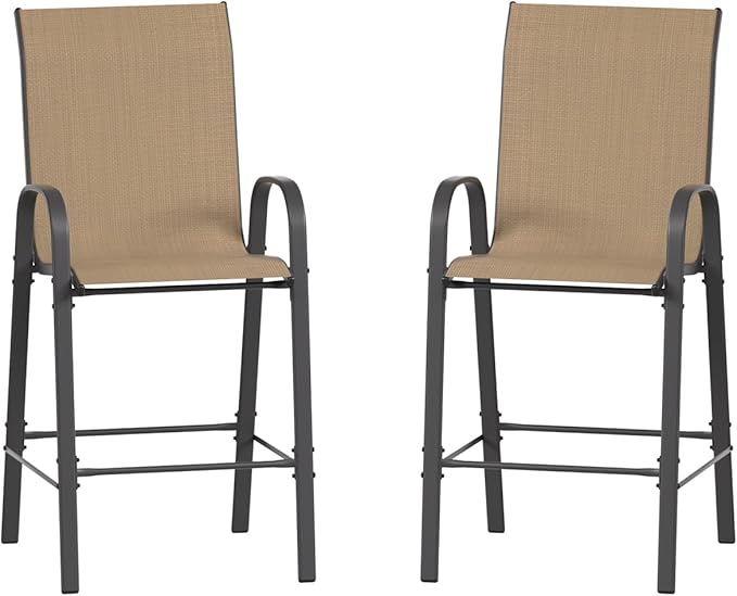 Amopatio Outdoor Bar Stools Set of 2,Comfortable High Back Patio Bar Chairs,All-Weather Sturdy Bar Height Outdoor Chairs for Porch, Backyard, Brown