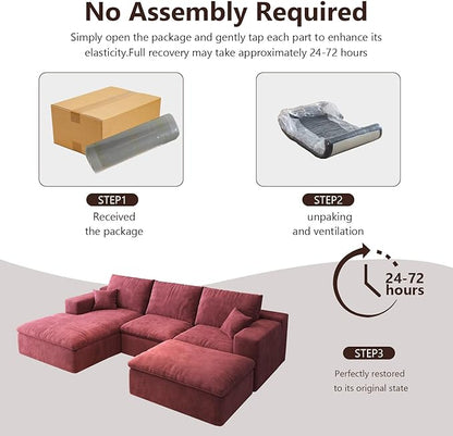 107'' U-Shaped Modern Modular Sectional Cloud Couch Whit Ottoman, 4-Seat Chenille Deep-Seat Sofa with Pillow for Living Room, Bedroom, Apartment, Wine Red