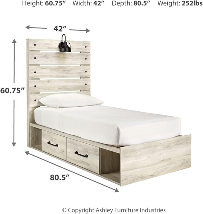 Signature Design by Ashley Cambeck Farmhouse Twin Panel Platform Bed with 4 Storage Drawers, Cubbies, Sconce Light and USB Ports, Foundation or Box Spring Not Needed, Whitewash